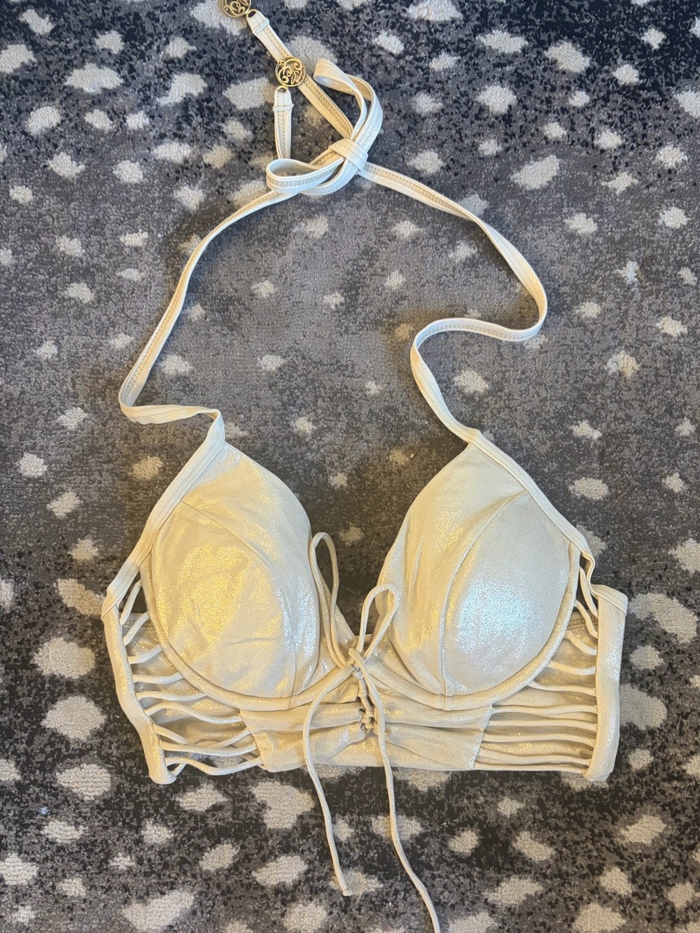 Luli Fama Gold Metallic Push Up Halter Bikini Top M